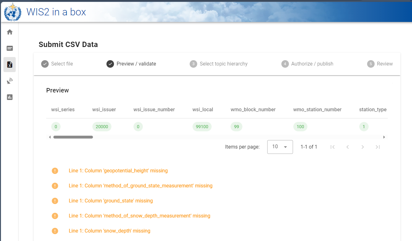 Image showing CSV to BUFR example validation page with warnings