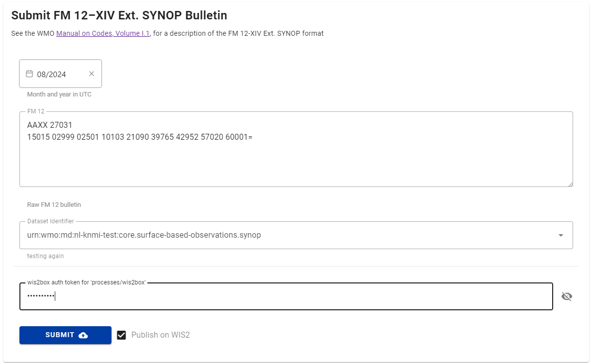 Dialog showing synop2bufr page, including toggle button