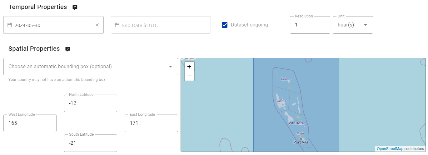 Metadata Editor: temporal properties, spatial properties